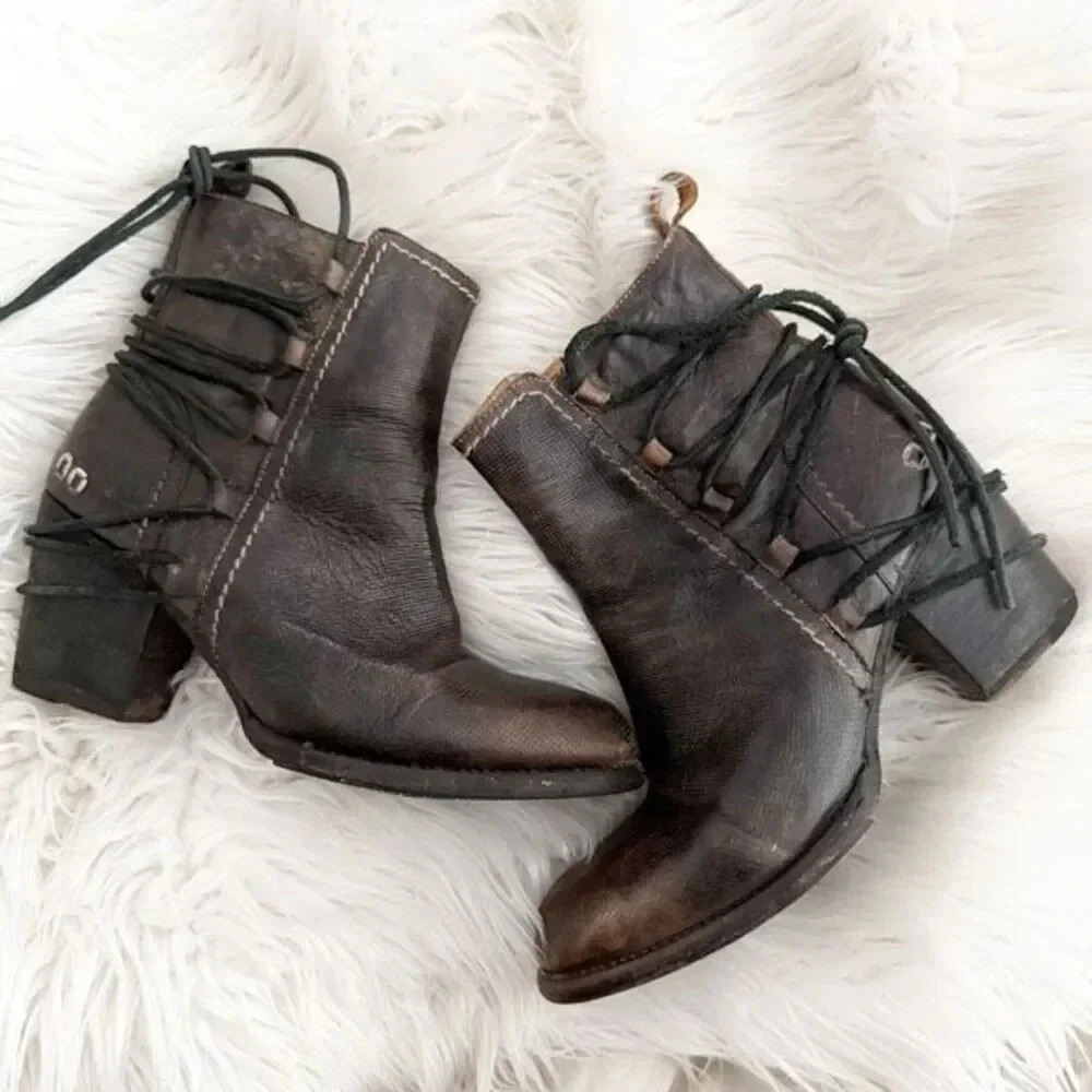BED STU | Blaire Cobbler Series Ankle Boots Women Distressed Lace Brown | 9.5